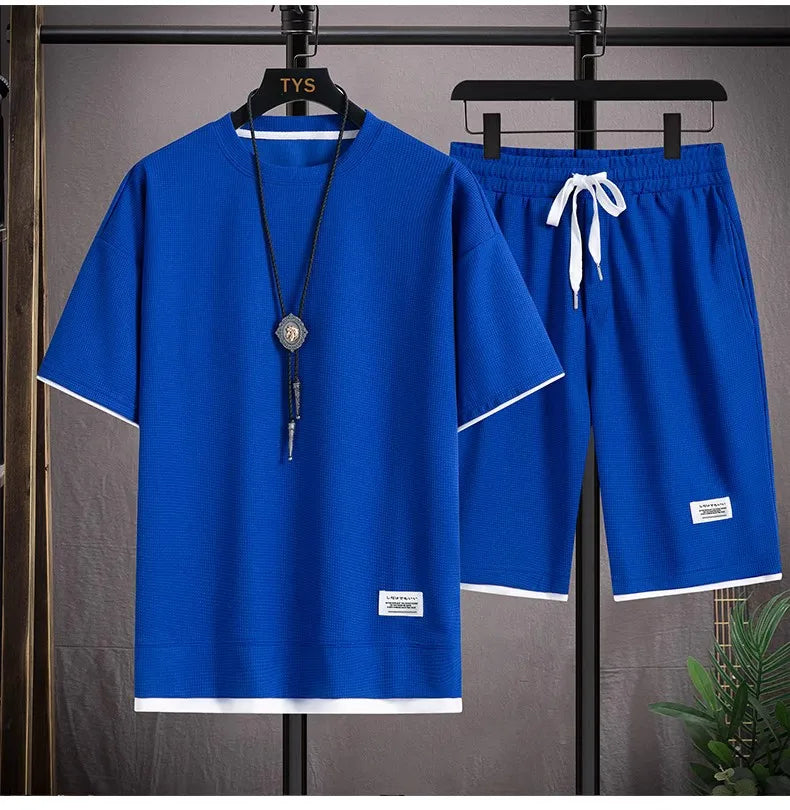 2026 new Summer Men's Waffle Sets Casual T-Shirt And Shorts Set Male Sports Suit Solid Color Tracksuit Loose Suits