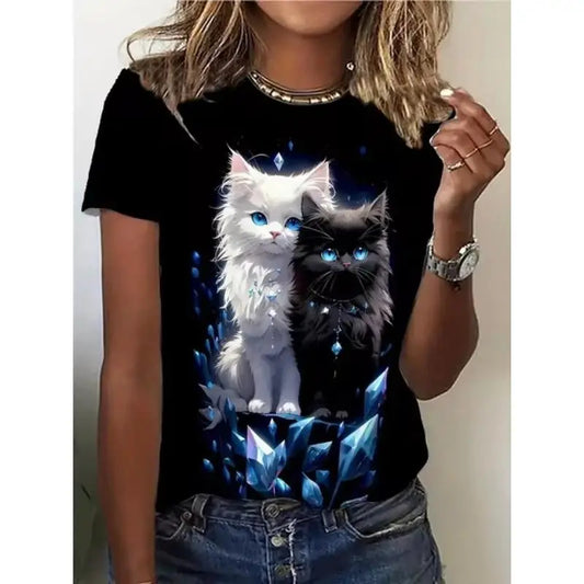 Animal Cat 3D Print T-Shirts Women Summer Short Sleeve Cute Animal T Shirt Y2k Harajuku O-Neck Tees Top Female Pullover Clothing