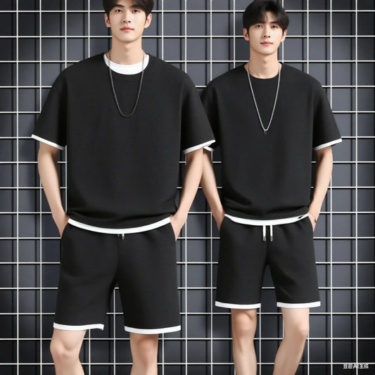 2026 new Summer Men's Waffle Sets Casual T-Shirt And Shorts Set Male Sports Suit Solid Color Tracksuit Loose Suits