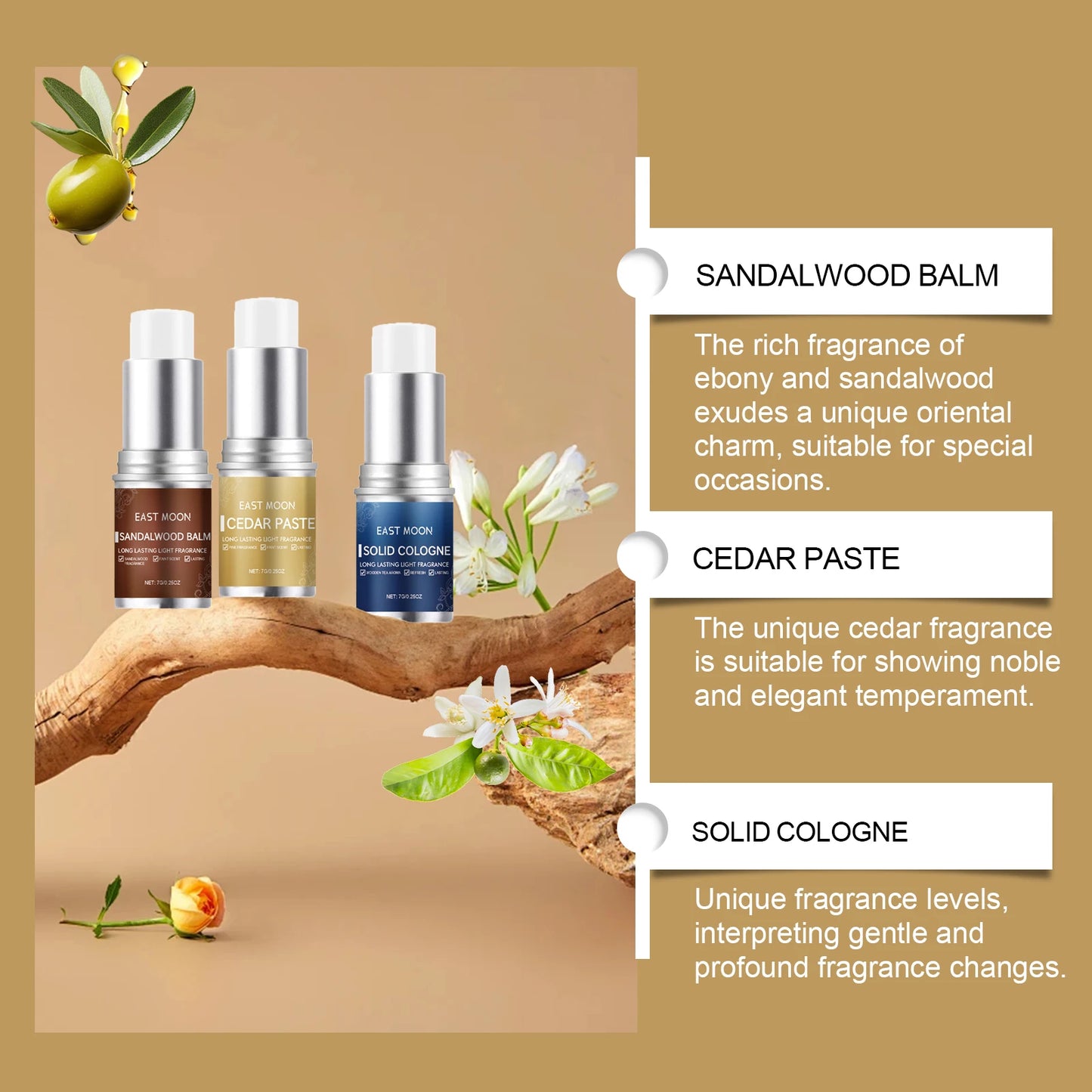 3Scents Men's Solid Cologne Lasting Fresh Cologne Pheromones Fragrance Men Deodorant Portable Woody Scent Solid Fragrance Balm
