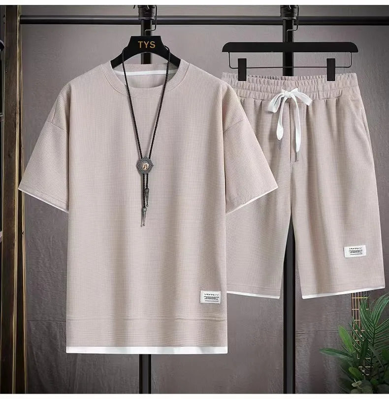 2026 new Summer Men's Waffle Sets Casual T-Shirt And Shorts Set Male Sports Suit Solid Color Tracksuit Loose Suits