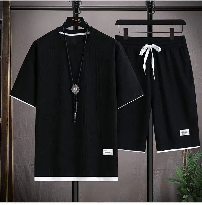 2026 new Summer Men's Waffle Sets Casual T-Shirt And Shorts Set Male Sports Suit Solid Color Tracksuit Loose Suits