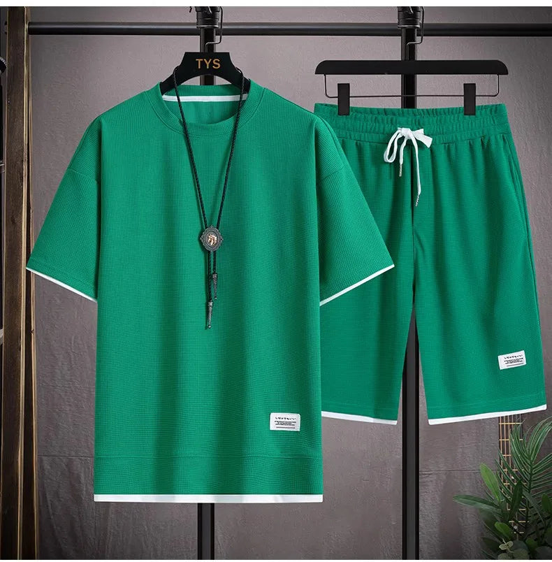 2026 new Summer Men's Waffle Sets Casual T-Shirt And Shorts Set Male Sports Suit Solid Color Tracksuit Loose Suits